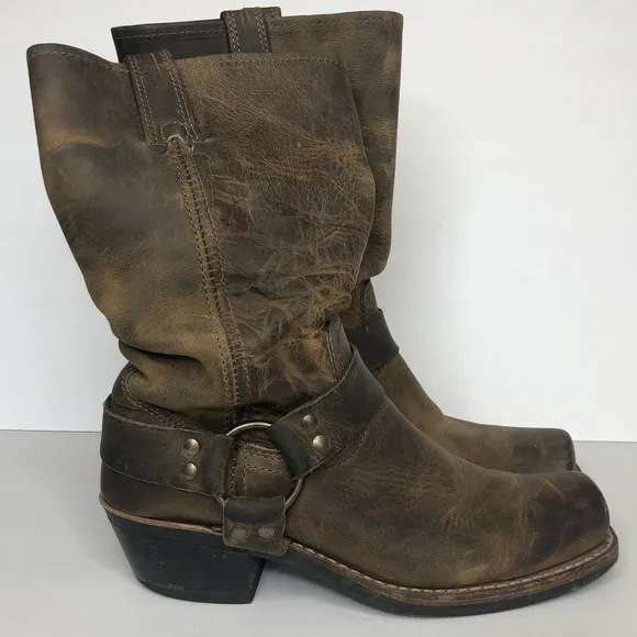Frye Women's 8.5M Harness 12R Brown Leather Distressed Moto Biker Pull On Boots
