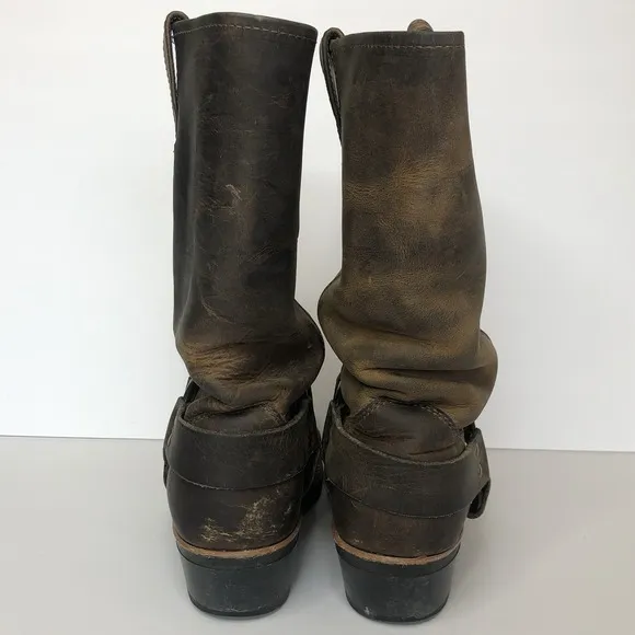 Frye Women's 8.5M Harness 12R Brown Leather Distressed Moto Biker Pull On Boots
