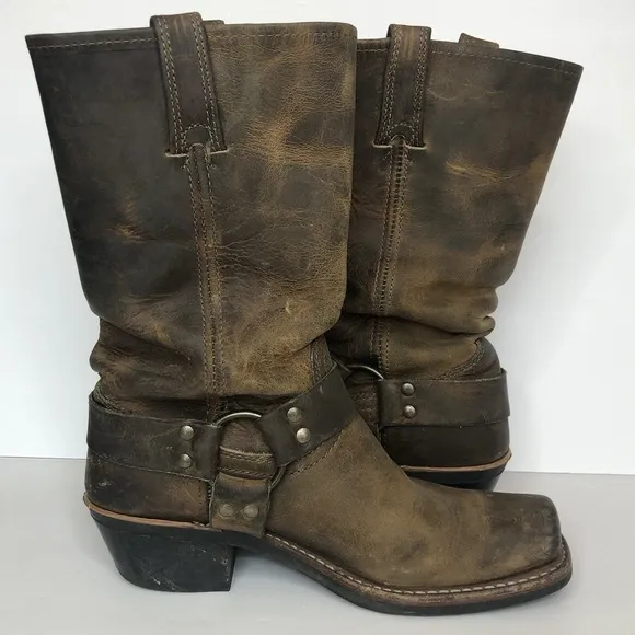 Frye Women's 8.5M Harness 12R Brown Leather Distressed Moto Biker Pull On Boots