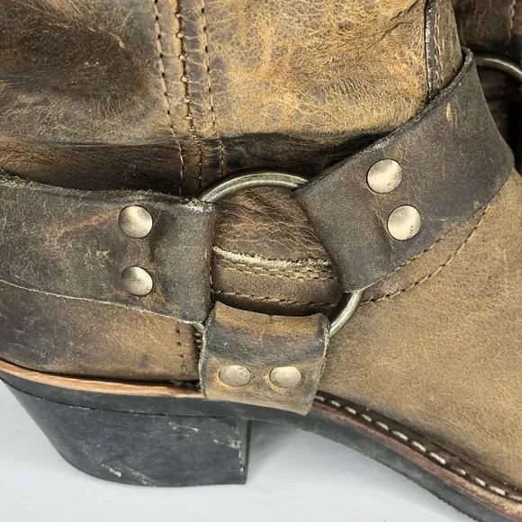 Frye Women's 8.5M Harness 12R Brown Leather Distressed Moto Biker Pull On Boots