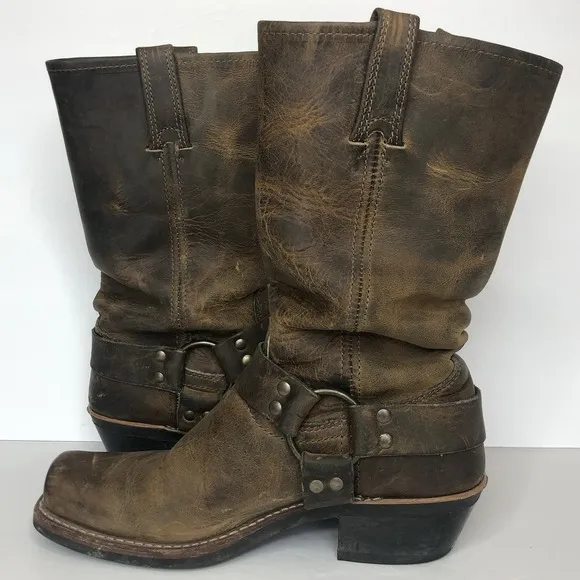 Frye Women's 8.5M Harness 12R Brown Leather Distressed Moto Biker Pull On Boots