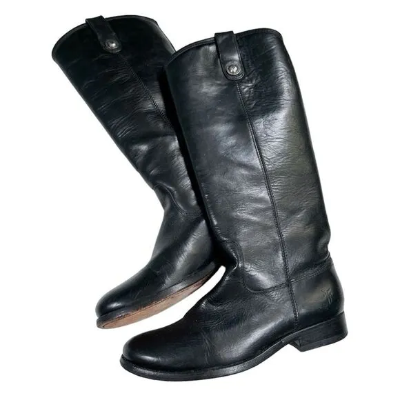 Frye Women’s Black Size 6 Melissa Button Leather Slip On Mid Calf Boots 77167