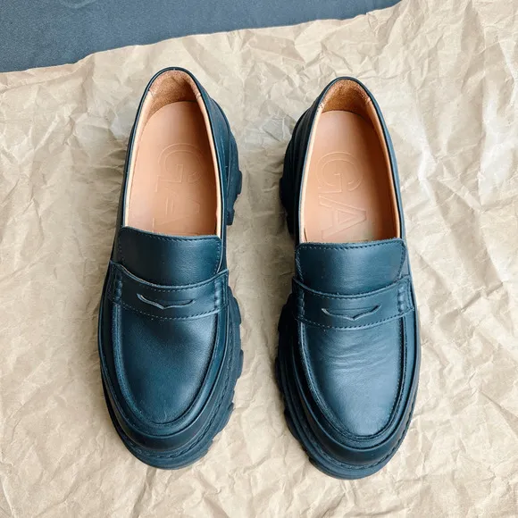 GANNI Black Leather Chunky Loafers size 10