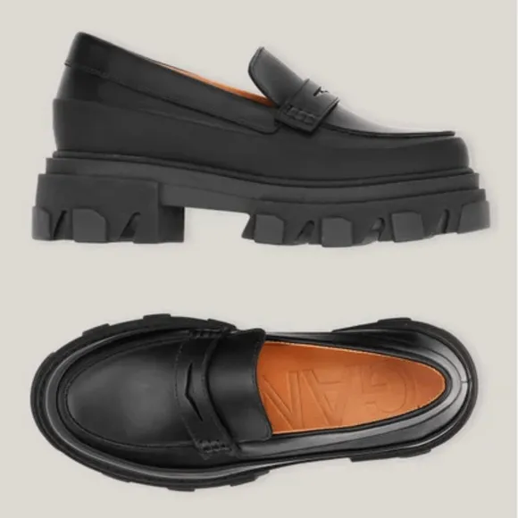 GANNI Black Leather Chunky Loafers size 10
