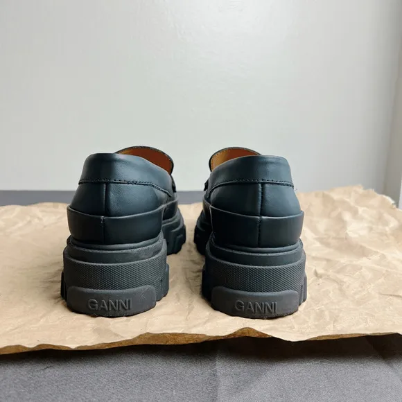 GANNI Black Leather Chunky Loafers size 10