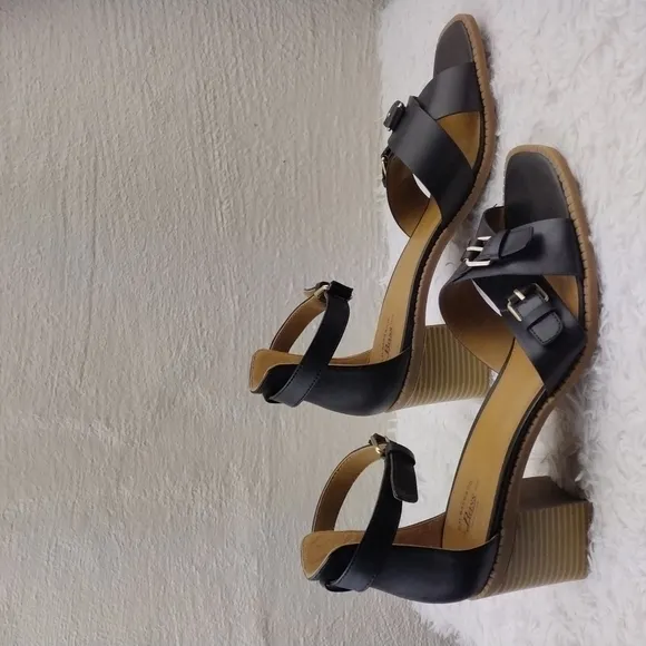 G.H. Bass &amp; Co. Penelope Black Open Toe Ankle Strap Block High Heel Sandal Shoe