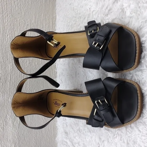 G.H. Bass &amp; Co. Penelope Black Open Toe Ankle Strap Block High Heel Sandal Shoe