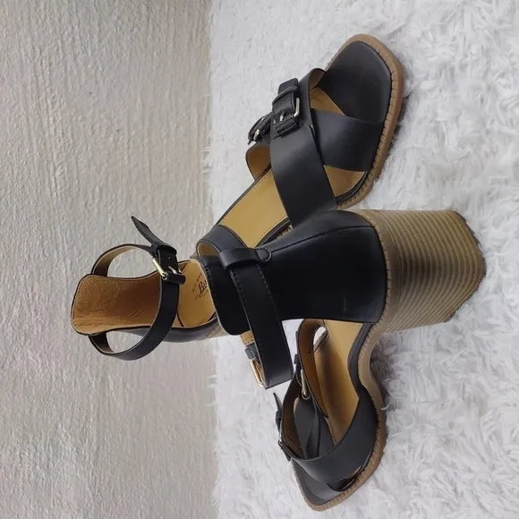 G.H. Bass &amp; Co. Penelope Black Open Toe Ankle Strap Block High Heel Sandal Shoe