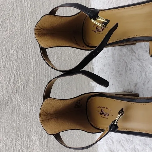 G.H. Bass &amp; Co. Penelope Black Open Toe Ankle Strap Block High Heel Sandal Shoe