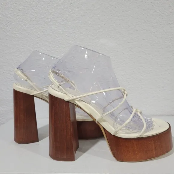 GIA BORGHINI GIA X RHW Rosie 28 Strappy  IvoryLeather Wood Platform Sandals Sz 8