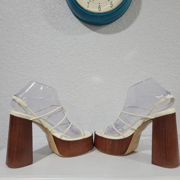 GIA BORGHINI GIA X RHW Rosie 28 Strappy  IvoryLeather Wood Platform Sandals Sz 8