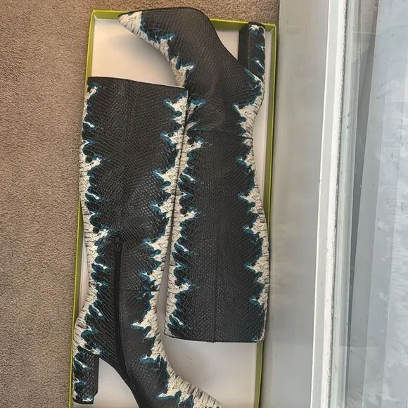 Gianni bini kellbie snake print leather block heel tall boots black blue size 9