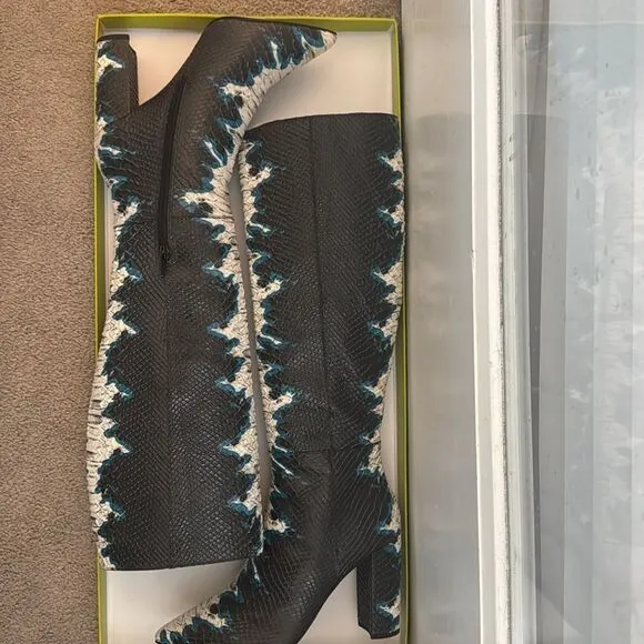 Gianni bini kellbie snake print leather block heel tall boots black blue size 9