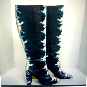 Gianni bini kellbie snake print leather block heel tall boots black blue size 9
