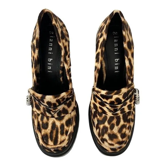 Gianni Bini Size 8.5 Maxxwelle Leopard Print Faux Calf Hair Platform Loafers