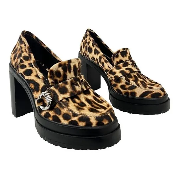 Gianni Bini Size 8.5 Maxxwelle Leopard Print Faux Calf Hair Platform Loafers