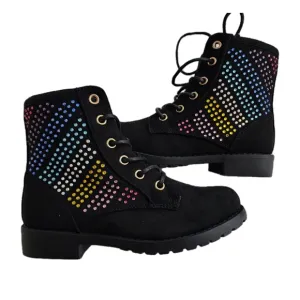 Girls Bejeweled Rainbow Colorful Studded Black Suede Boots Size 12 NEW