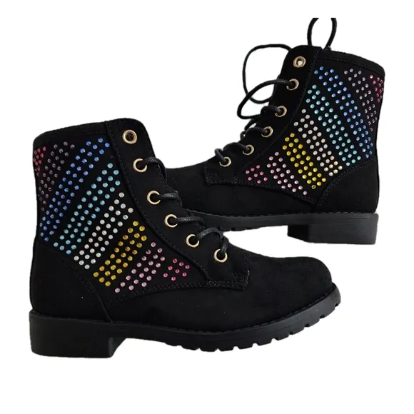 Girls Bejeweled Rainbow Colorful Studded Black Suede Boots Size 12 NEW