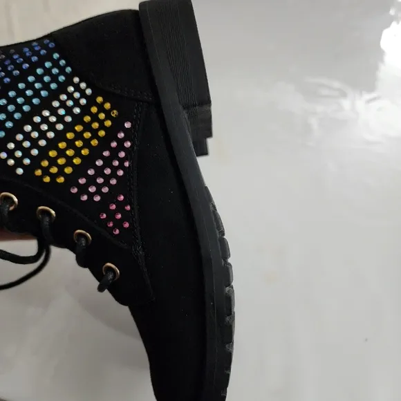 Girls Bejeweled Rainbow Colorful Studded Black Suede Boots Size 12 NEW
