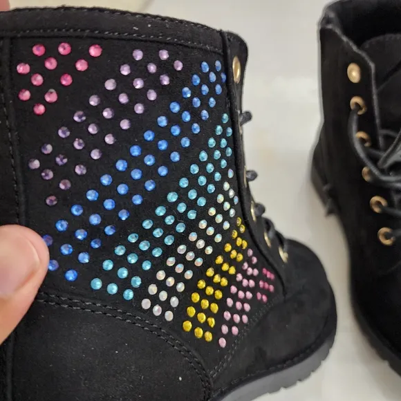 Girls Bejeweled Rainbow Colorful Studded Black Suede Boots Size 12 NEW