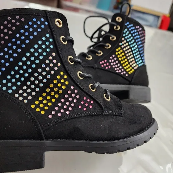 Girls Bejeweled Rainbow Colorful Studded Black Suede Boots Size 12 NEW