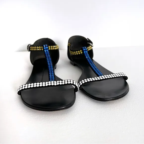 Giuseppe Zanotti Crystal Embellished T-Strap Flat Sandals Size 7.5
