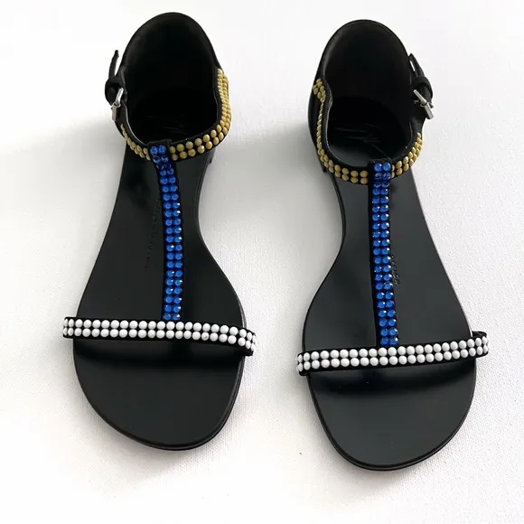 Giuseppe Zanotti Crystal Embellished T-Strap Flat Sandals Size 7.5