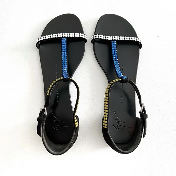 Giuseppe Zanotti Crystal Embellished T-Strap Flat Sandals Size 7.5