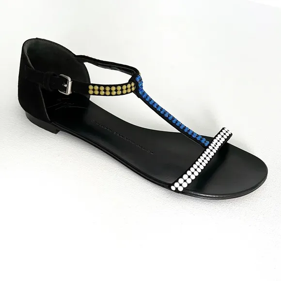 Giuseppe Zanotti Crystal Embellished T-Strap Flat Sandals Size 7.5