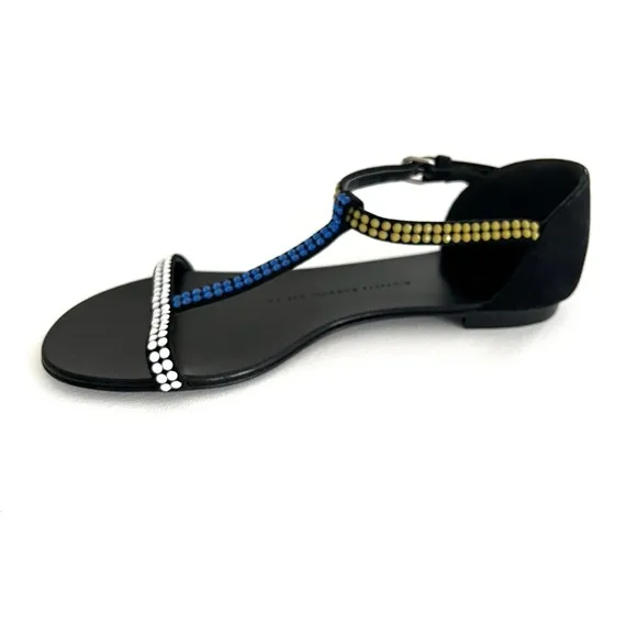 Giuseppe Zanotti Crystal Embellished T-Strap Flat Sandals Size 7.5
