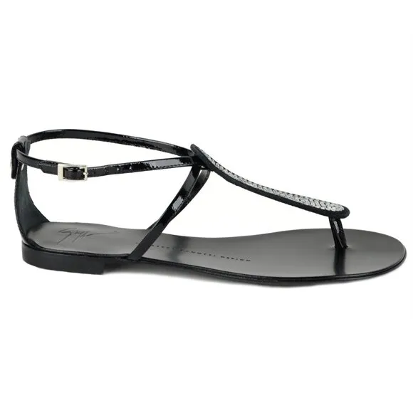 GIUSEPPE ZANOTTI SHOES CRYSTAL THONG SANDAL BLACK LEATHER sz 36 5.5