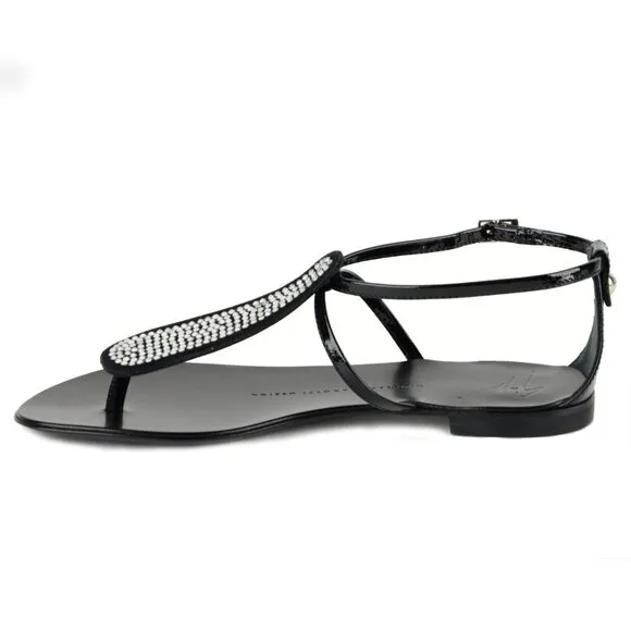 GIUSEPPE ZANOTTI SHOES CRYSTAL THONG SANDAL BLACK LEATHER sz 36 5.5