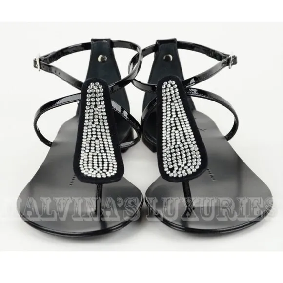 GIUSEPPE ZANOTTI SHOES CRYSTAL THONG SANDAL BLACK LEATHER sz 36 5.5