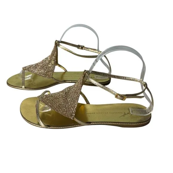 Giuseppe Zanotti Spipiott Flat Sandal Swarovski Crystal Gold Size 8.5 (38.5)