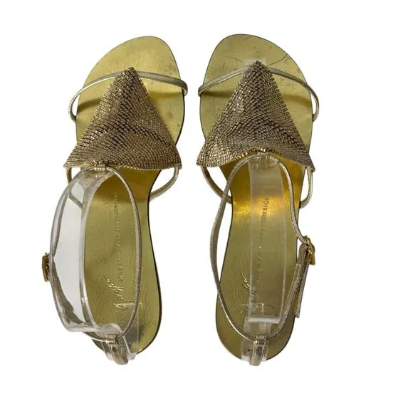 Giuseppe Zanotti Spipiott Flat Sandal Swarovski Crystal Gold Size 8.5 (38.5)