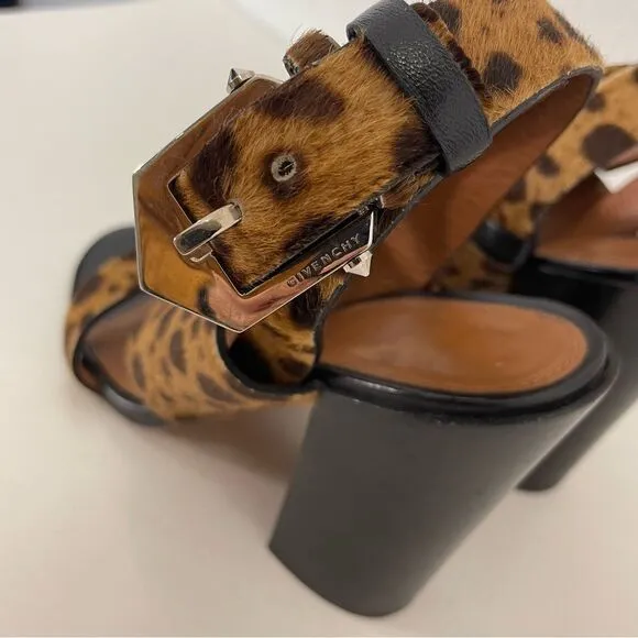 Givenchy Paris Tan Leopard Print Calf Hair High Heel City Sandals