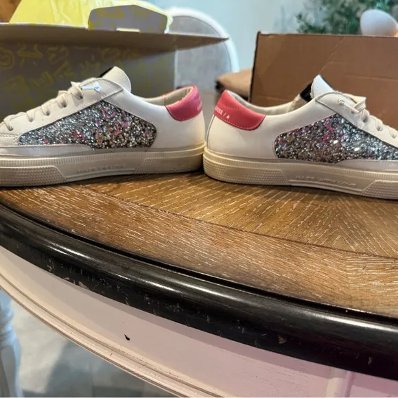 Golden Goose dark pink and white sneakers