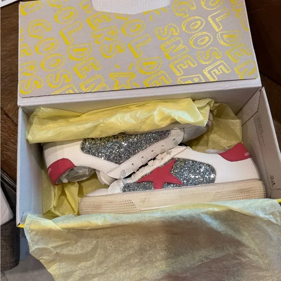 Golden Goose dark pink and white sneakers