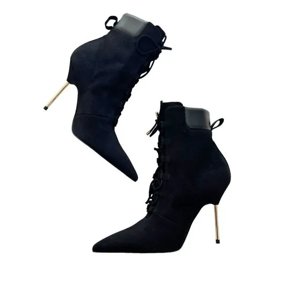 Good American Boots Women's Sz 6.5 Black Suede Pointed Toe Scandal Booties NIB