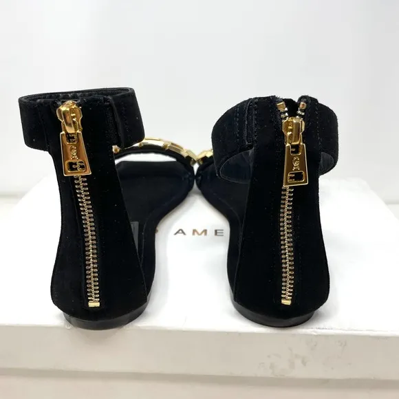 Good American Suede Chain Ankle Strap Flat Sandals In Black Size 9.5 New