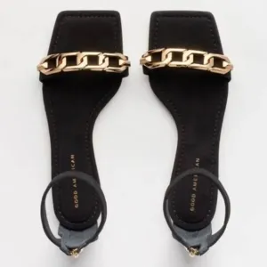 Good American Suede Chain Ankle Strap Flat Sandals In Black Size 9.5 New