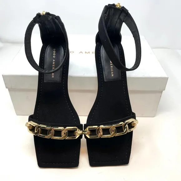 Good American Suede Chain Ankle Strap Flat Sandals In Black Size 9.5 New