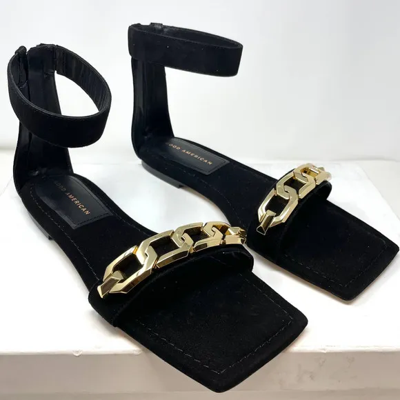 Good American Suede Chain Ankle Strap Flat Sandals In Black Size 9.5 New