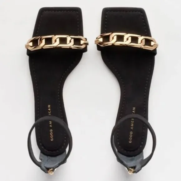 Good American Suede Chain Ankle Strap Flat Sandals In Black Size 9.5 New