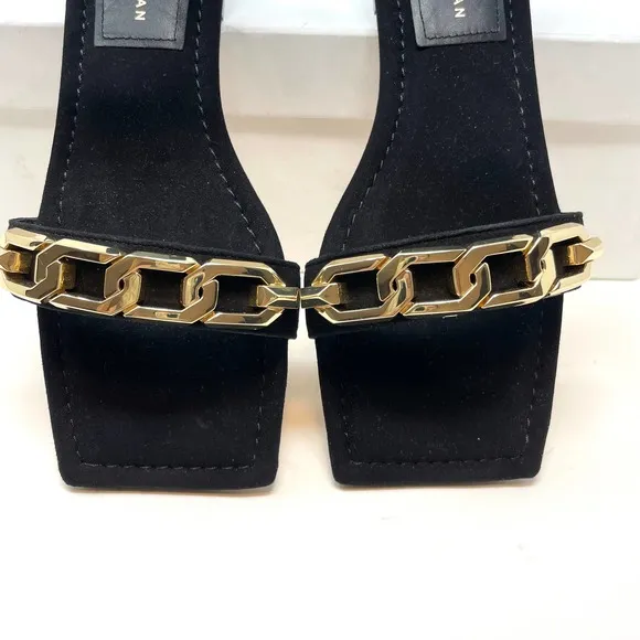 Good American Suede Chain Ankle Strap Flat Sandals In Black Size 9.5 New