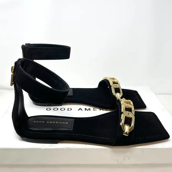 Good American Suede Chain Ankle Strap Flat Sandals In Black Size 9.5 New