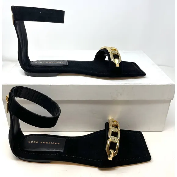 Good American Suede Chain Ankle Strap Flat Sandals In Black Size 9.5 New