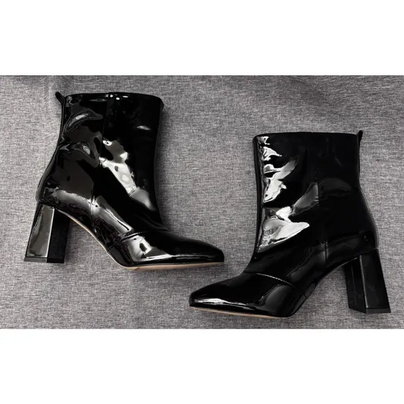 Good American Women’s Black Patent Leather Mid Boots Slip On Block Heel Size 9M
