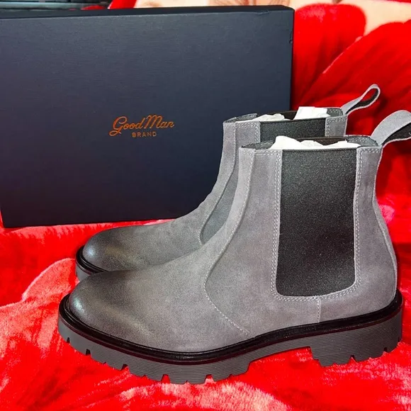 Good Man Brand Distressed Charcoal Suede Chelsea Lug Boots, Size 7