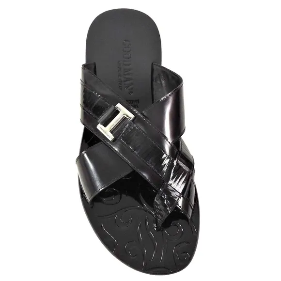 GOODMAN 🇮🇹 MEN'S BLACK LEATHER FLAT SUMMER SANDALS
